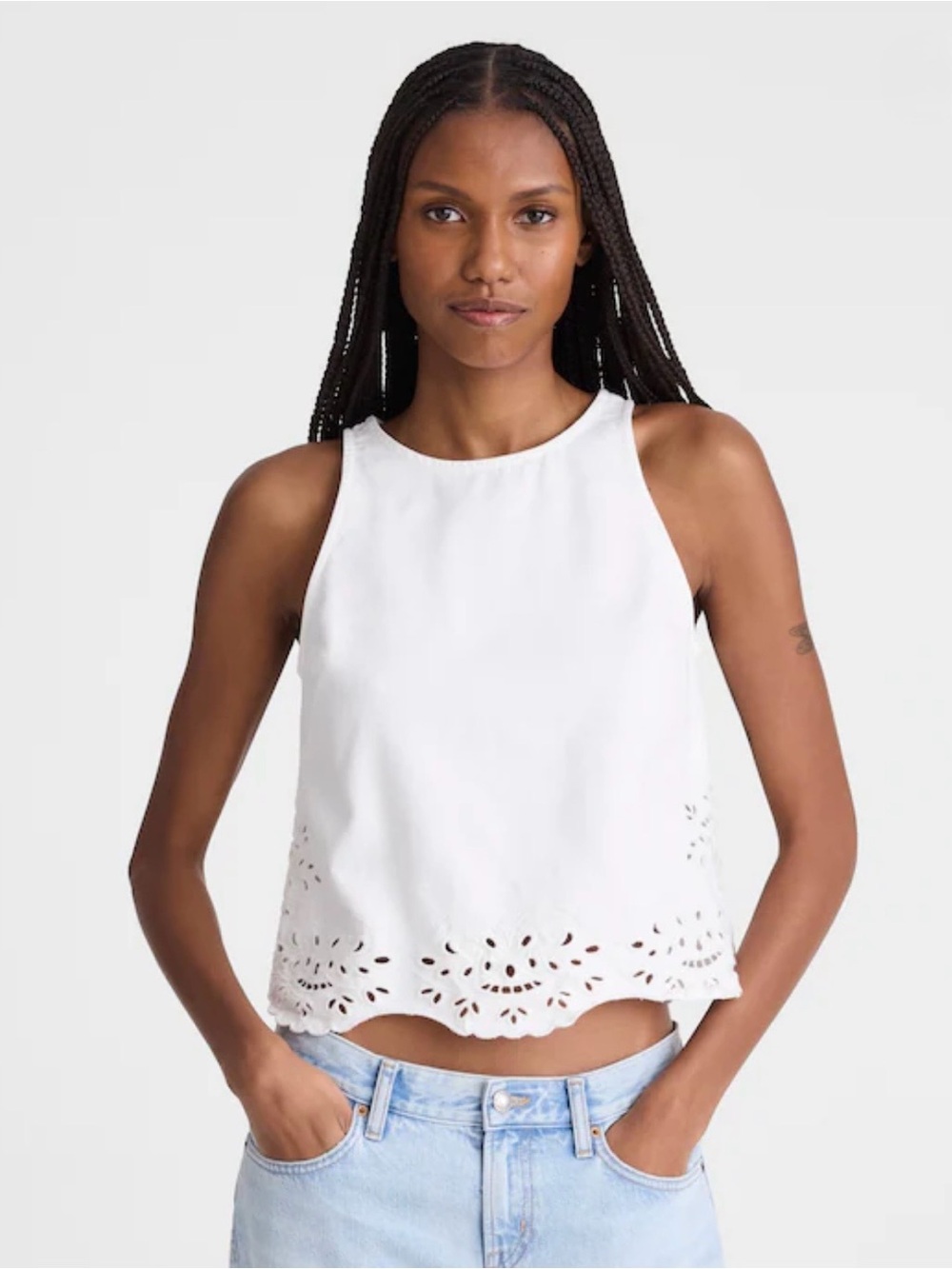 NWT Denim Eyelet Shell Top in Tile White Sz XS $128